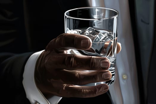 A businessman holds a clear glass of water reflecting corporate symbols, symbolizing clarity and adaptability in business. the image showcases high-detail photorealism with soft lighting, emphasizing professionalism.