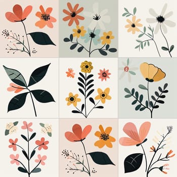 A vibrant grid features a variety of abstract floral designs with colors like orange, yellow, and green, providing an artistic touch for any decor.