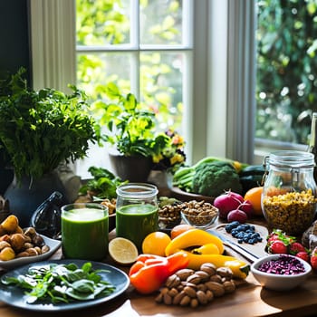 A vibrant spread of healthy food on a kitchen table, including fresh fruits, vegetables, nuts, and a green smoothie, natural light pouring in from a window, clean and inviting presentation, emphasizing healthy eating