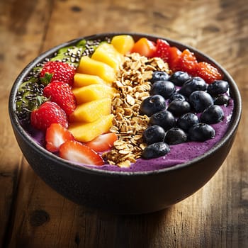 A close-up of a colorful smoothie bowl with fresh fruits, seeds, and granola, placed on a wooden table with a natural light background, vibrant colors