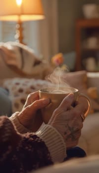 Elderly hands hold a large easy grip mug designed for arthritis, with steam wafting from a hot beverage, creating a comforting ambiance in the warmly lit living room adorned with a soft blanket.