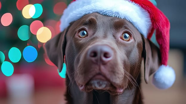 dog wearing Santa hat looks festive and joyful during holiday season.