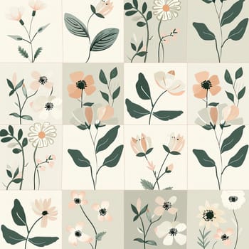 A collection of vibrant botanical illustrations showcases various flowers and leaves arranged in a neat grid, set against a soft, neutral backdrop.