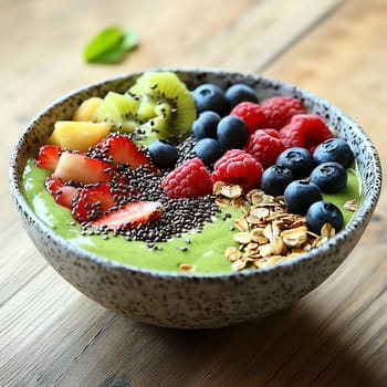 A close-up of a colorful smoothie bowl with fresh fruits, seeds, and granola, placed on a wooden table with a natural light background, vibrant colors