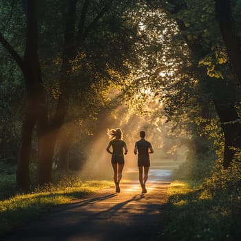 A young couple jogging in a park during sunrise, healthy lifestyle, dynamic motion, sun rays breaking through trees, vibrant and natural colors, showing fitness and well-being, clear sky, crisp image