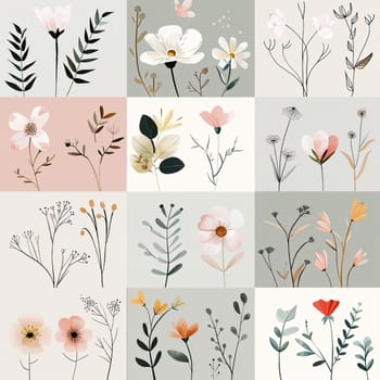 This collection features an array of delicate floral illustrations with varying colors, elegantly displayed on a soft pastel backdrop, evoking nature's beauty.