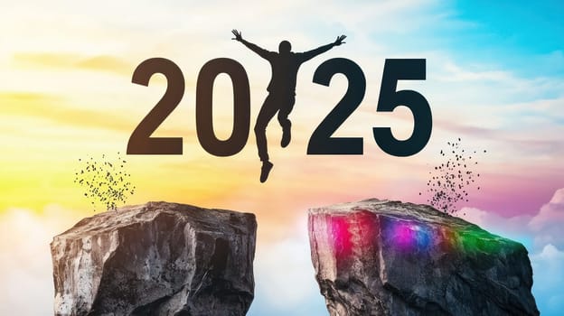 man jumps between two cliffs, symbolizing leap into future of 2025.