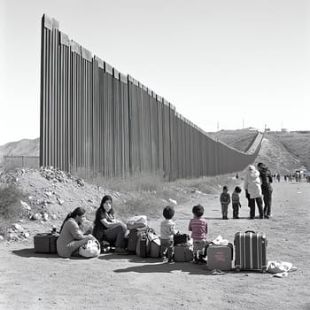 Refugees and the Border Wall: Families of refugees gathered near a tall and menacing fence at a border crossing, with suitcases and few belongings by their side. Children play innocently on the ground while adults gaze worriedly at the fence.