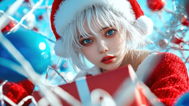 girl with white hair wearing Santa hat, surrounded by festive decorations.