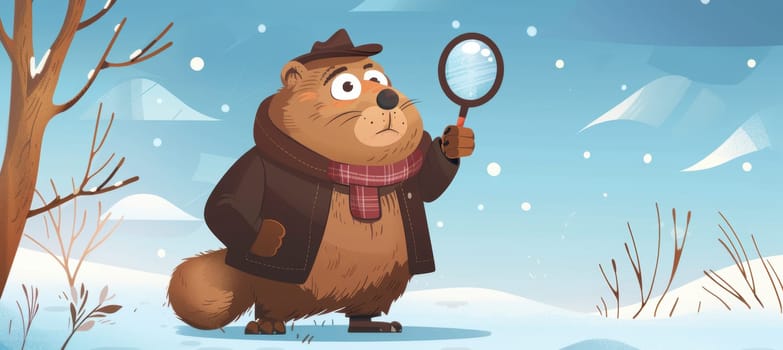 Cartoon groundhog in a detective outfit examines its shadow with a magnifying glass, set against a snowy winter background and bright skies. ideal for groundhog day cards or playful winter-themed designs.