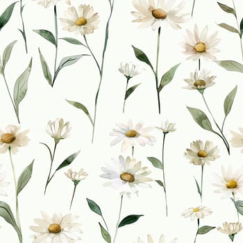 This artwork depicts a variety of daisies in different sizes with slender green leaves scattered across a light pastel backdrop, celebrating floral beauty and tranquility.