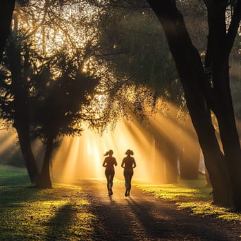 A young couple jogging in a park during sunrise, healthy lifestyle, dynamic motion, sun rays breaking through trees, vibrant and natural colors, showing fitness and well-being, clear sky, crisp image