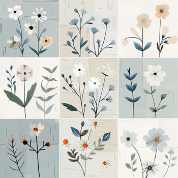 The artwork showcases nine floral illustrations arranged in a grid, highlighting various delicate flowers and leaves in soothing pastel shades, ideal for home decor.