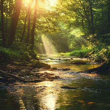 A scenic landscape of a lush forest with a clear stream running through it, sunlight filtering through the trees, promoting environmental sustainability and natural beauty, a calm and welcoming atmosphere