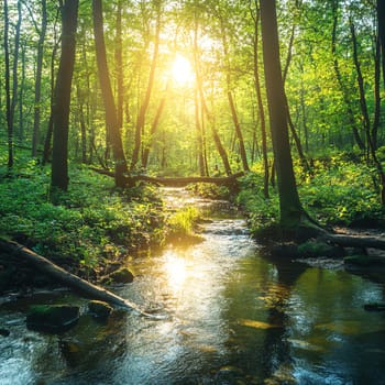 A scenic landscape of a lush forest with a clear stream running through it, sunlight filtering through the trees, promoting environmental sustainability and natural beauty, a calm and welcoming atmosphere