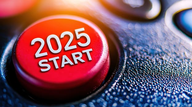 Red start button with 2025 label, symbolizing new beginnings and excitement.