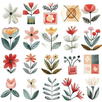 A playful arrangement of various floral illustrations including bold red, soft pink, and yellow flowers surrounded by green leaves and geometric shapes, radiating creativity.
