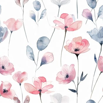 This artwork showcases a collection of delicate watercolor flowers in soft pink and blue hues, beautifully arranged against a bright white backdrop, creating a serene and enchanting atmosphere.