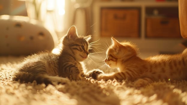 Two lively kittens engage in playful wrestling on a soft, cream-colored carpet in a sunlit living room. perfect for promoting pet products, the scene embodies warmth, joy, and a love for playful pets.