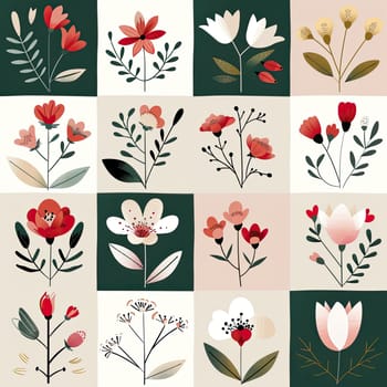 The artwork showcases a vibrant arrangement of various floral patterns and colors, creating a quilt-like design that highlights the beauty of different flowers.