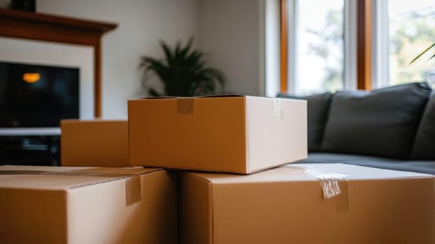 Moving boxes stacked in cozy living room with natural light.