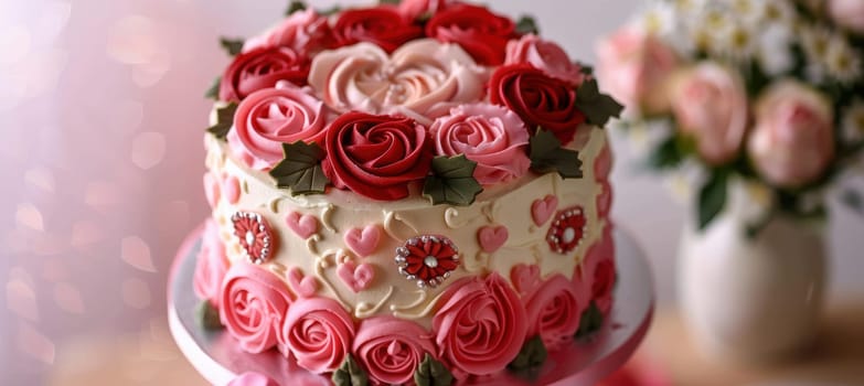 Romantic cake adorned with red and pink roses, heart-shaped frosting, and intricate detailing. ideal for valentine's day, weddings, or romantic celebrations, offering elegance and charm to special occasions.