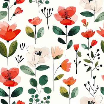 A vibrant collection of flowers and greenery displays a lively pattern, with shades of red, pink, and green against a light backdrop, evoking a joyful spring feeling.