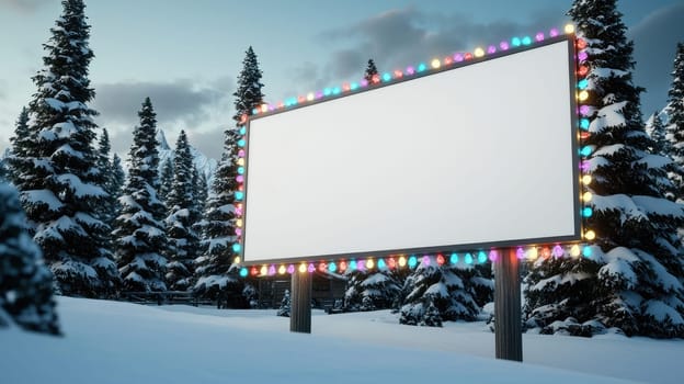 blank billboard surrounded by snow covered trees creates serene winter scene.