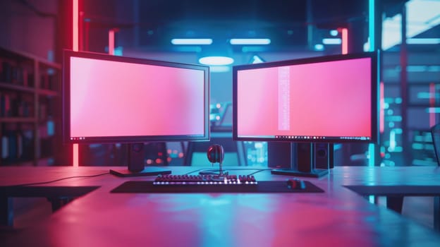 Dual computer monitors connected by a glowing virtual bridge symbolize remote business collaboration. the photorealistic setting features soft lighting, emphasizing digital connectivity in a futuristic workspace.