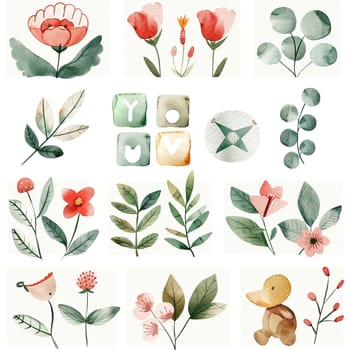 A collection of watercolor illustrations showcases a vibrant array of flowers, leaves, and a charming yellow duck. The artwork highlights playful and natural elements in a grid layout.