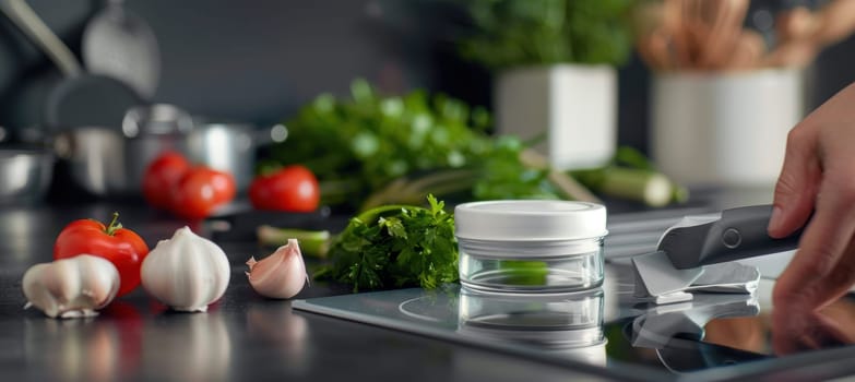 Ergonomic jar opener being used in a sleek, modern kitchen setting, surrounded by fresh ingredients like garlic, tomatoes, and herbs. the scene highlights the practicality and ease provided by the jar opener amidst culinary preparation.