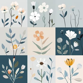 A beautiful arrangement of various hand-drawn flowers and foliage is displayed in a grid format, showcasing diverse colors and artistic styles.