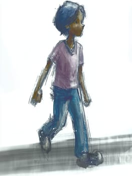 This illustration shows a young boy walking, conveying a sense of carefree movement and childhood energy. The loose brushstrokes and soft colors create a dreamy and nostalgic feel