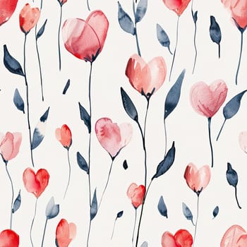 A pattern of whimsical flowers in various shades of pink and red, set against a light background, creating a cheerful and fresh floral design.
