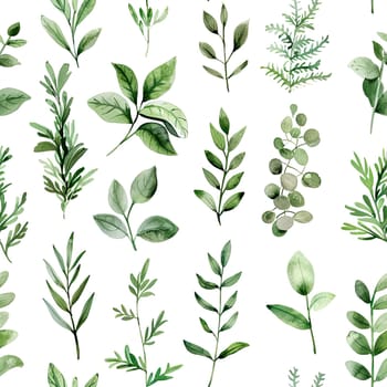 An artistic arrangement displays various green leaves on a white background, highlighting their unique shapes and shades in a natural composition.