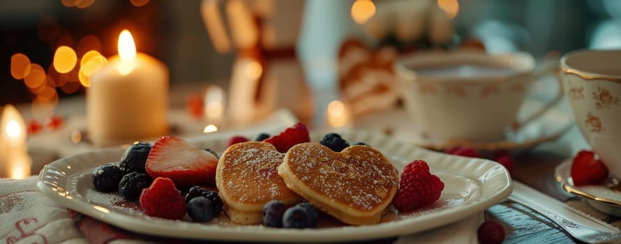 Celebrate valentine's day with a luxurious breakfast featuring heart-shaped pancakes, fresh berries, and coffee. set in a warm, inviting space, the romantic ambiance is enhanced by soft candlelight, perfect for intimate mornings.