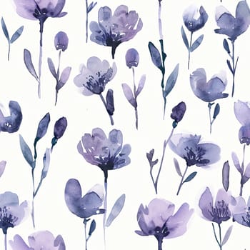 A collection of softly painted purple flowers and green leaves in various shapes and sizes, creating a serene backdrop filled with natural beauty.
