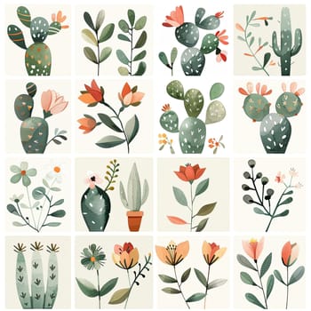The artwork showcases a vibrant collage of cacti and flowers, displaying intricate details and textures against a soft backdrop, highlighting nature's beauty.