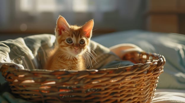 Adorable ginger kitten rests in a wicker basket surrounded by soft pastel cushions. warm sunlight filters through a nearby window, creating an inviting and serene atmosphere, ideal for cozy home decor inspiration.