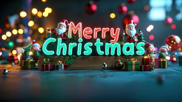 Merry Christmas festive background with colorful decorations and cheerful characters.