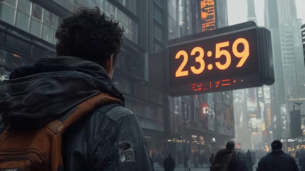 Walking through a futuristic city at night, a man gazes up at a digital clock showing 23,59, feeling the pressure of time running out as the countdown to midnight symbolizes a new beginning
