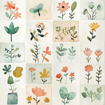 This artwork showcases a series of beautifully rendered watercolor illustrations featuring various flowers, leaves, and butterflies. Each piece captures the delicate essence of nature.