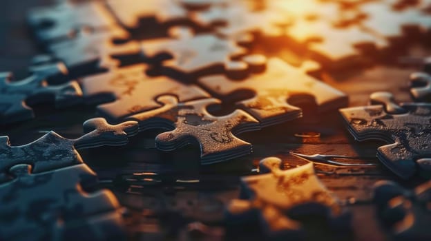 Close-up of puzzle pieces depicting elements of business success, including strategy, leadership, and innovation, being assembled. the photorealistic image highlights intricate textures and detail, emphasizing teamwork and planning.