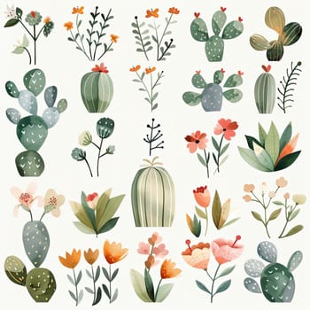 A vibrant collection showcases different types of cacti and flowering plants arranged in a systematic design, featuring diverse colors and shapes, perfect for nature lovers.
