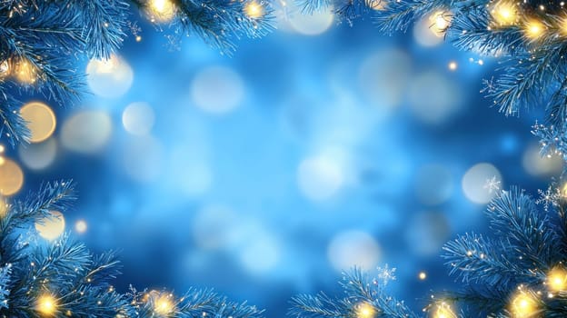 Lush Christmas background with deep blue tones and sparkling lights.