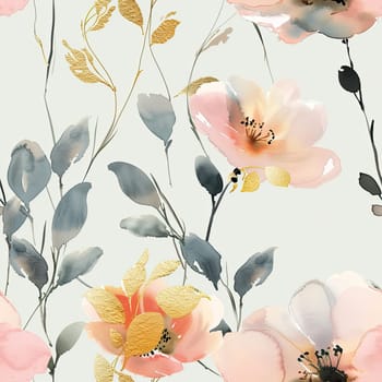 This elegant floral design showcases soft pink flowers intertwined with subtle gold accents, set against a pale background, ideal for fabric or wallpaper.