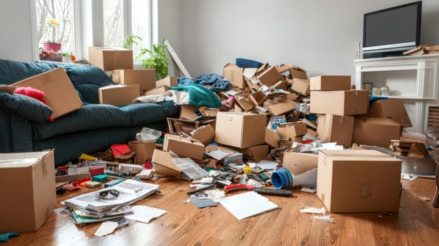 cluttered living room filled with cardboard boxes and disorganized items creates chaotic.
