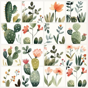This artwork features a colorful collage of various cacti and succulents, highlighting unique shapes, flowers, and leaves, creating a lively and harmonious botanical display.