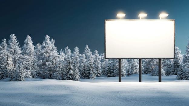 large blank billboard stands in remote snowy area surrounded by frosted trees.