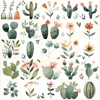 This artwork features a diverse array of cacti and floral illustrations in various colors and styles, celebrating the beauty of desert flora and greenery.